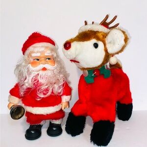 Vintage Musical Ringing Bell Walk Santa & Plush Reindeer Red Nose Rudolph Set